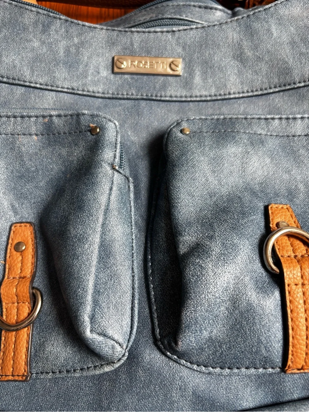 hobo-style shoulder bag denim-look faux leather in blue.